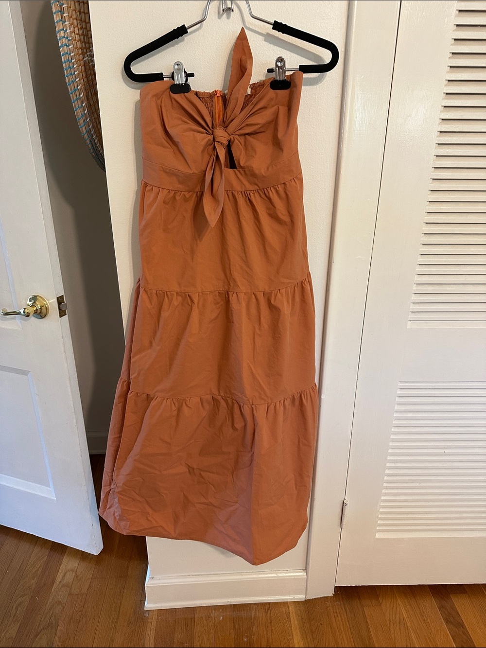 Strapless Tie-Front Tiered Maxi Dress in Rust